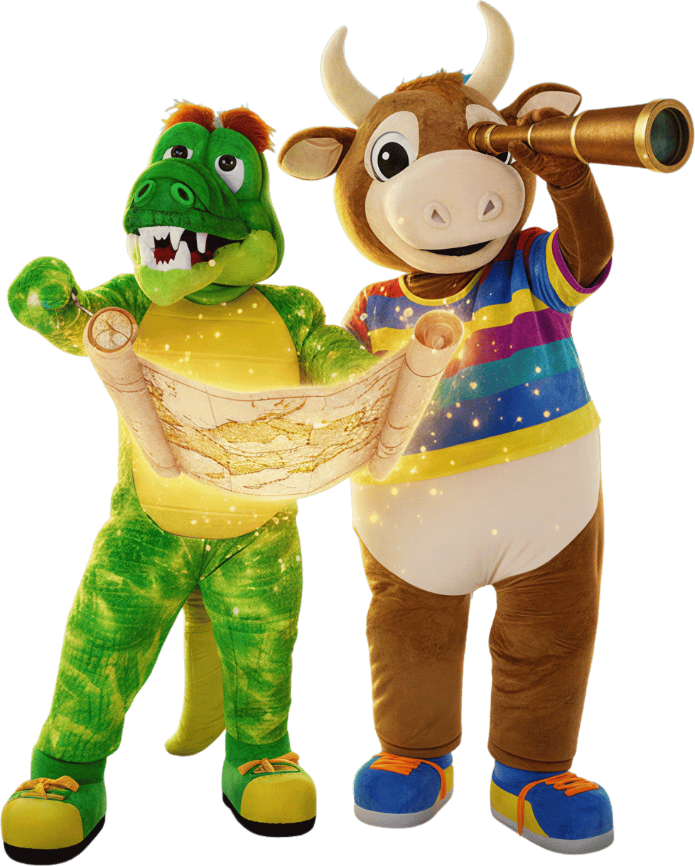 Nando el cocodrilo y Tito el torito con el mapa de aventuras